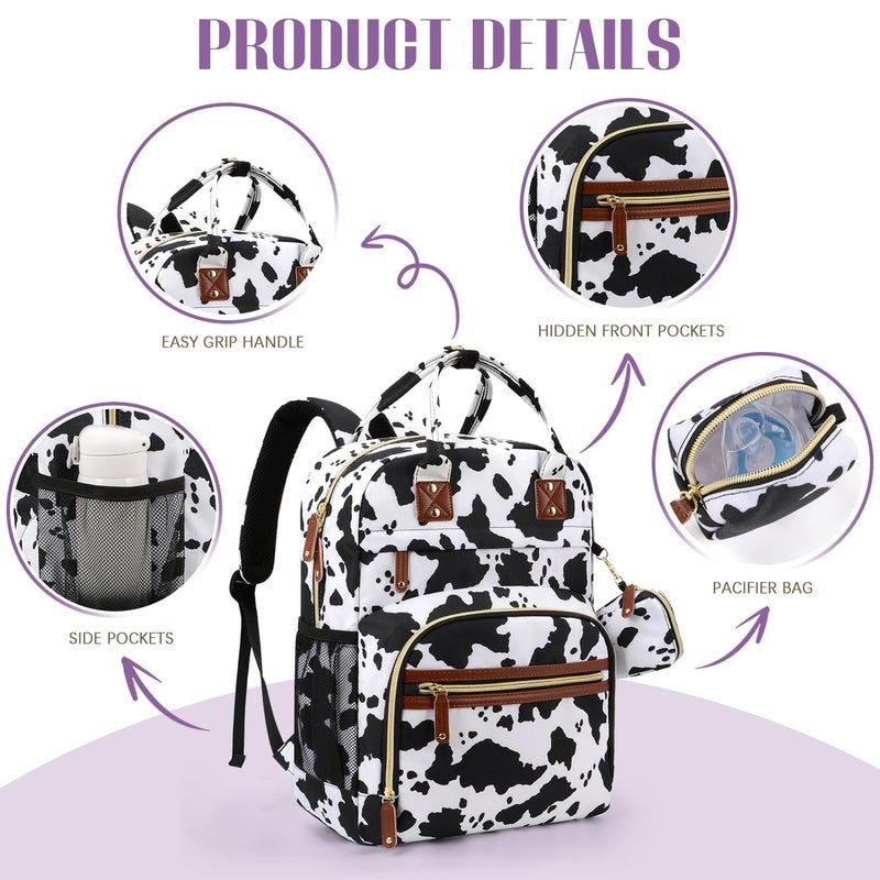 Tuwubi Diaper Bag Backpack, Baby Essentials Travel Tote Bag, Multi function Waterproof Backpacks, Travel Essentials with Stroller Straps & Pacifier Case - Cow Print - Image 4